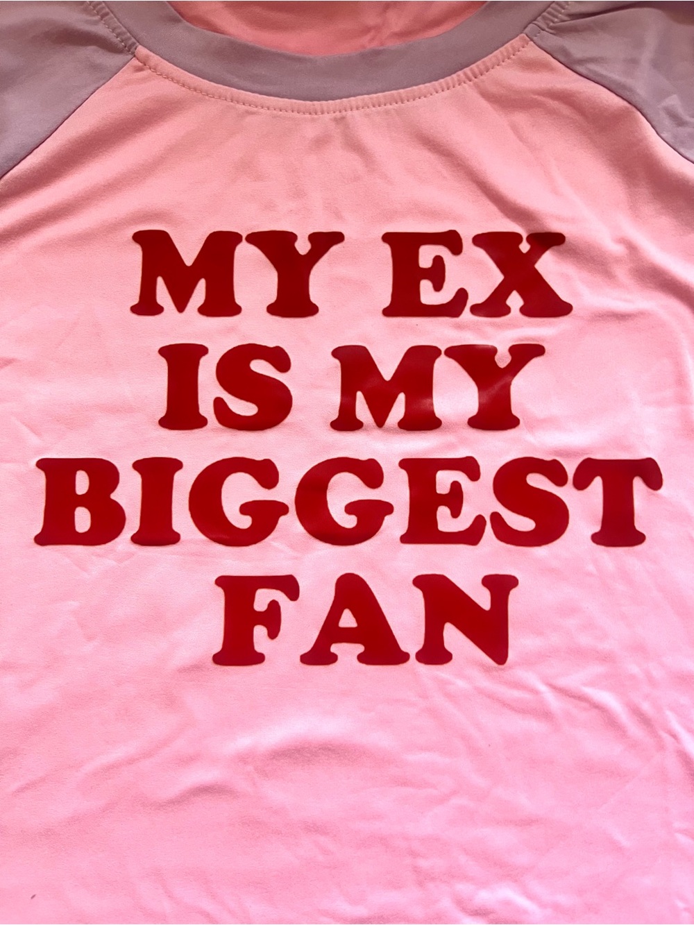 Pink Short-Sleeve Graphic Tee with Red Lettering baseball tee lavender large